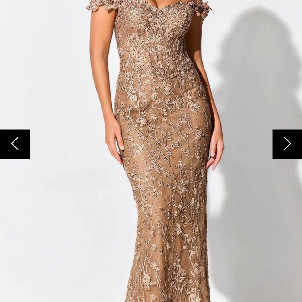 Strapless Embroidered Evening Dress in Taupe - Picture 3 of 4